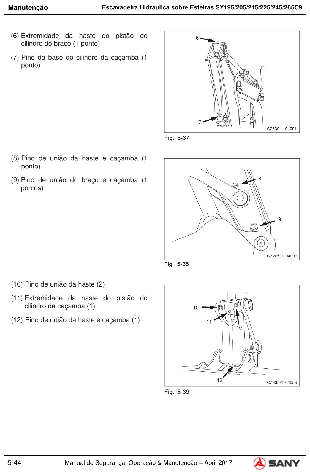 Página interna do Manual de Operação e Manutenção Sany SY195-265C9 com ilustração de operação