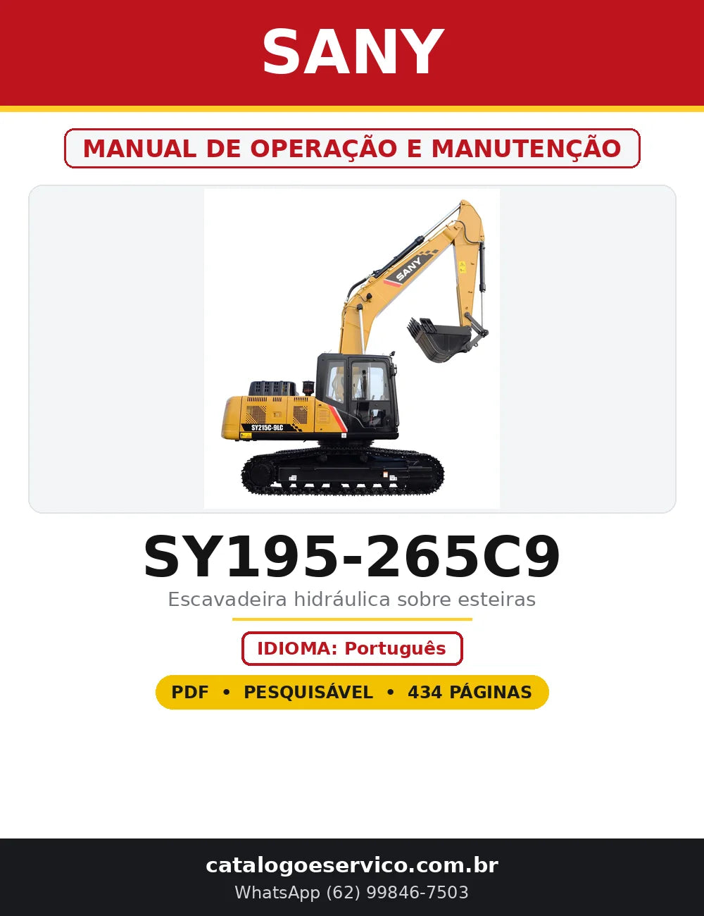 Capa do Manual de Operação e Manutenção Sany SY195-265C9 em PDF com 434 páginas