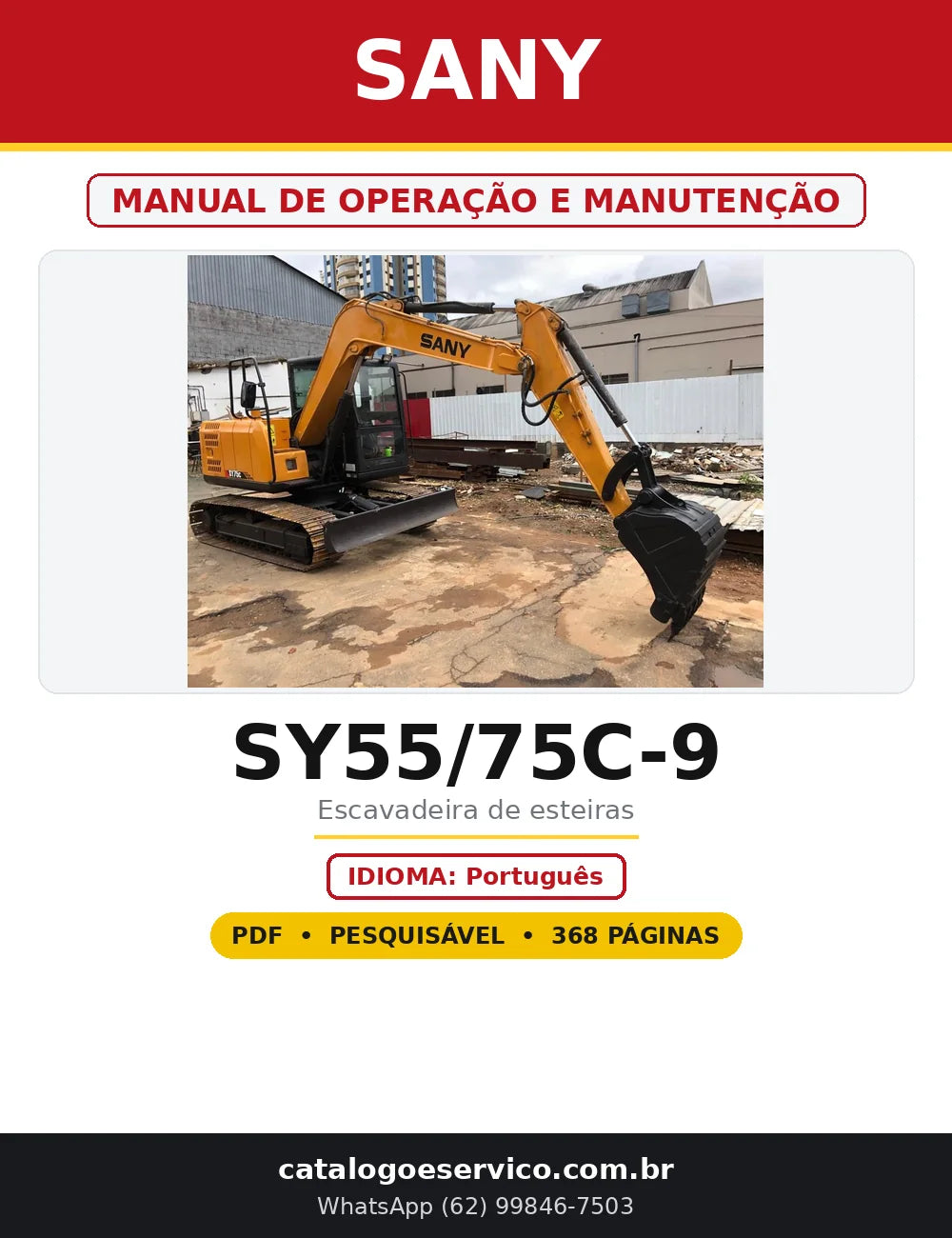 Capa do Manual de Operação e Manutenção Sany SY55/75C-9 em PDF com 368 páginas