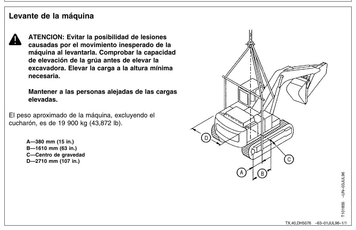 Página interna com tabela e ilustração de operação — John Deere 200LC (amostra 2 de 2)