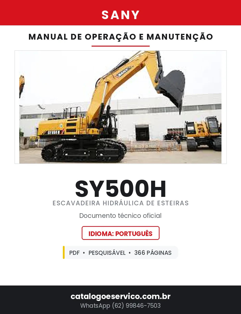Manual de Operação e Manutenção SANY SY500H Escavadeira Hidráulica de Esteiras — 366 Páginas em PDF — capa