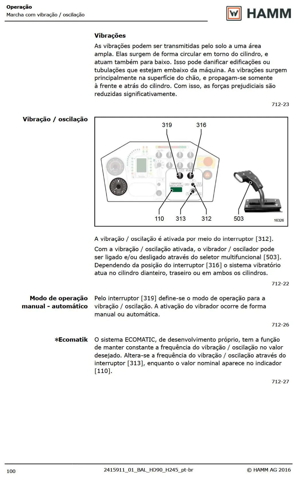 Página ilustrada do Manual de Operação Hamm HD90 com as posições numeradas