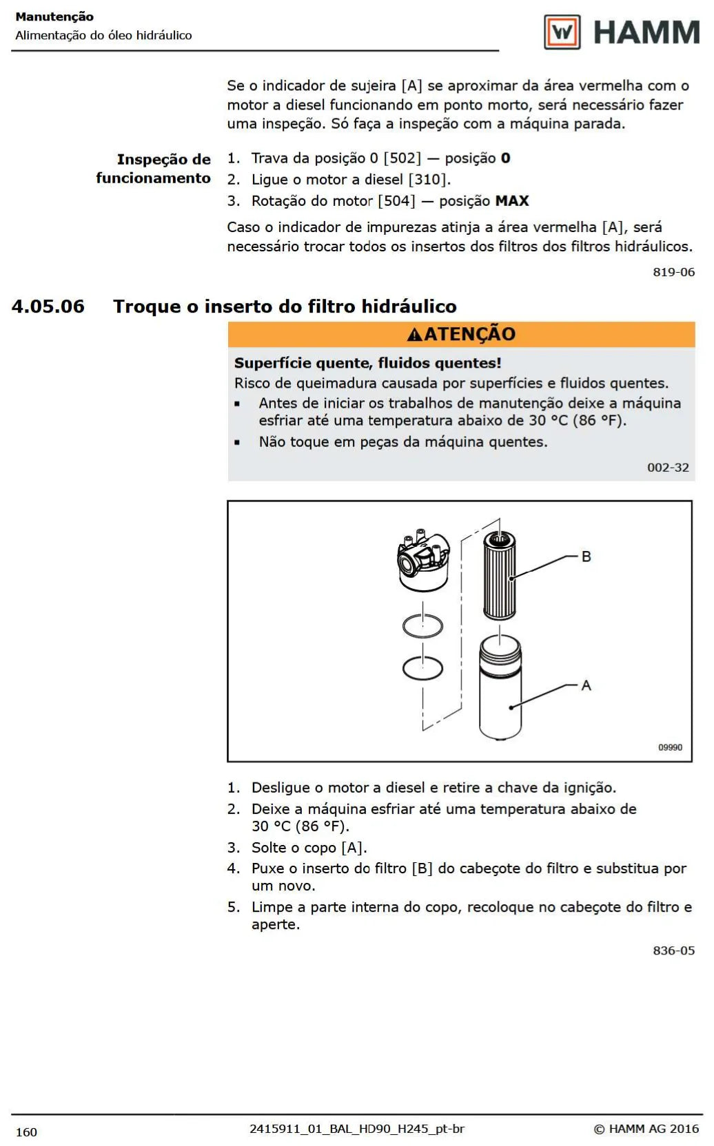 Página interna do Manual de Operação Hamm HD90 — Rolo compactador tandem