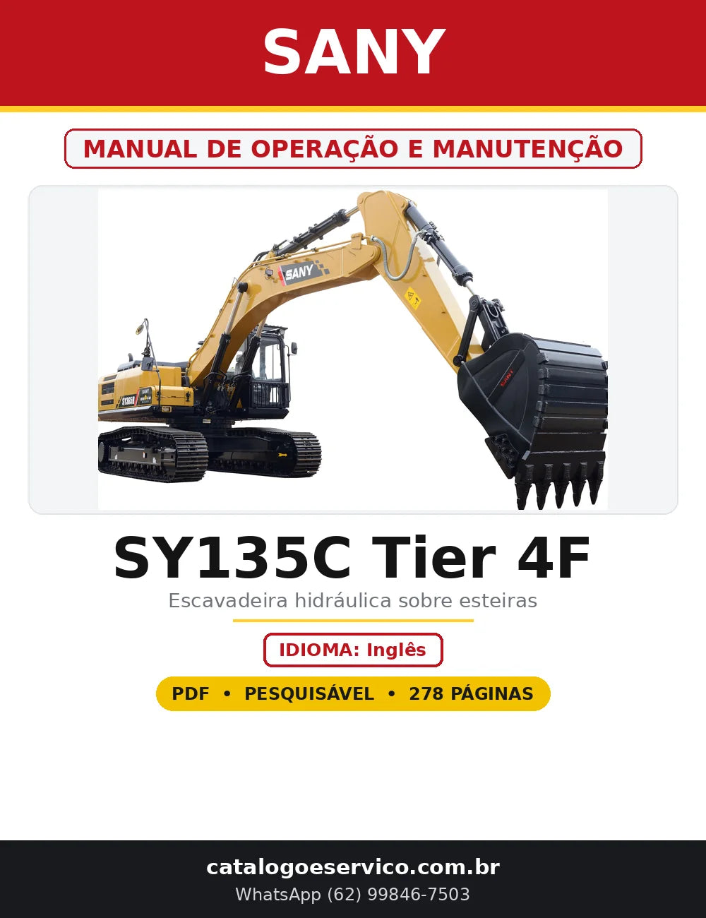 Capa do Manual de Operação e Manutenção Sany SY135C Tier 4F em PDF com 278 páginas
