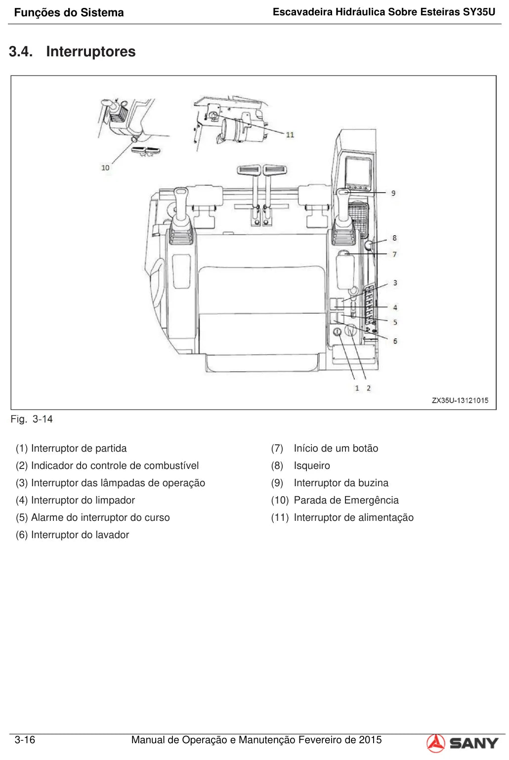 Ilustração do Manual de Operação e Manutenção Sany SY35U — Mini escavadeira sobre esteiras