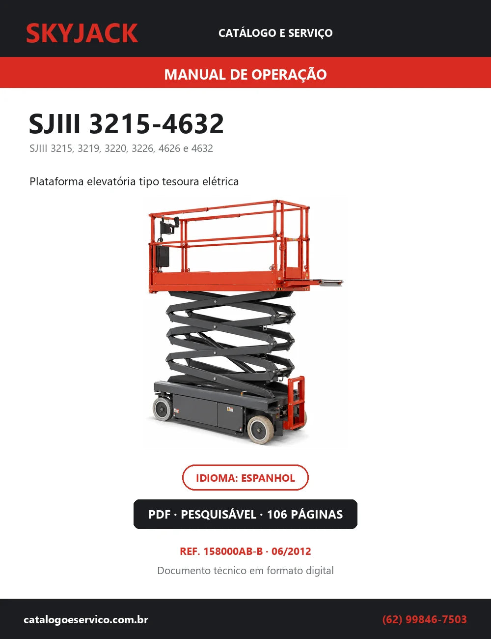 Capa do Manual de Operação Skyjack SJIII 3215-4632 — plataforma elevatória tipo tesoura elétrica, 106 páginas em PDF