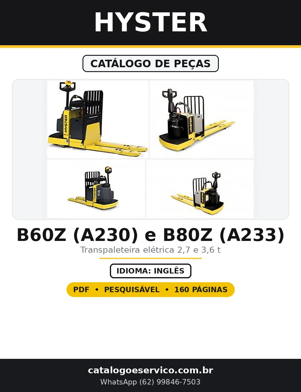 Capa do Catálogo de Peças Hyster B60Z (A230) e B80Z (A233) em PDF com 160 páginas