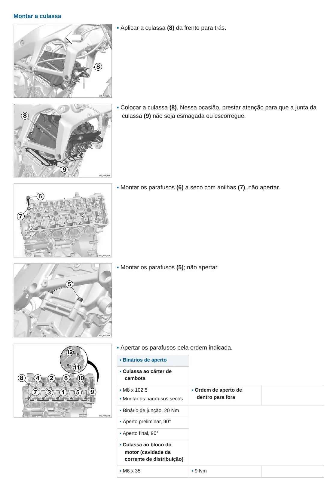BMW S 1000 RR (K46) — montagem da culatra com ordem e binários de aperto