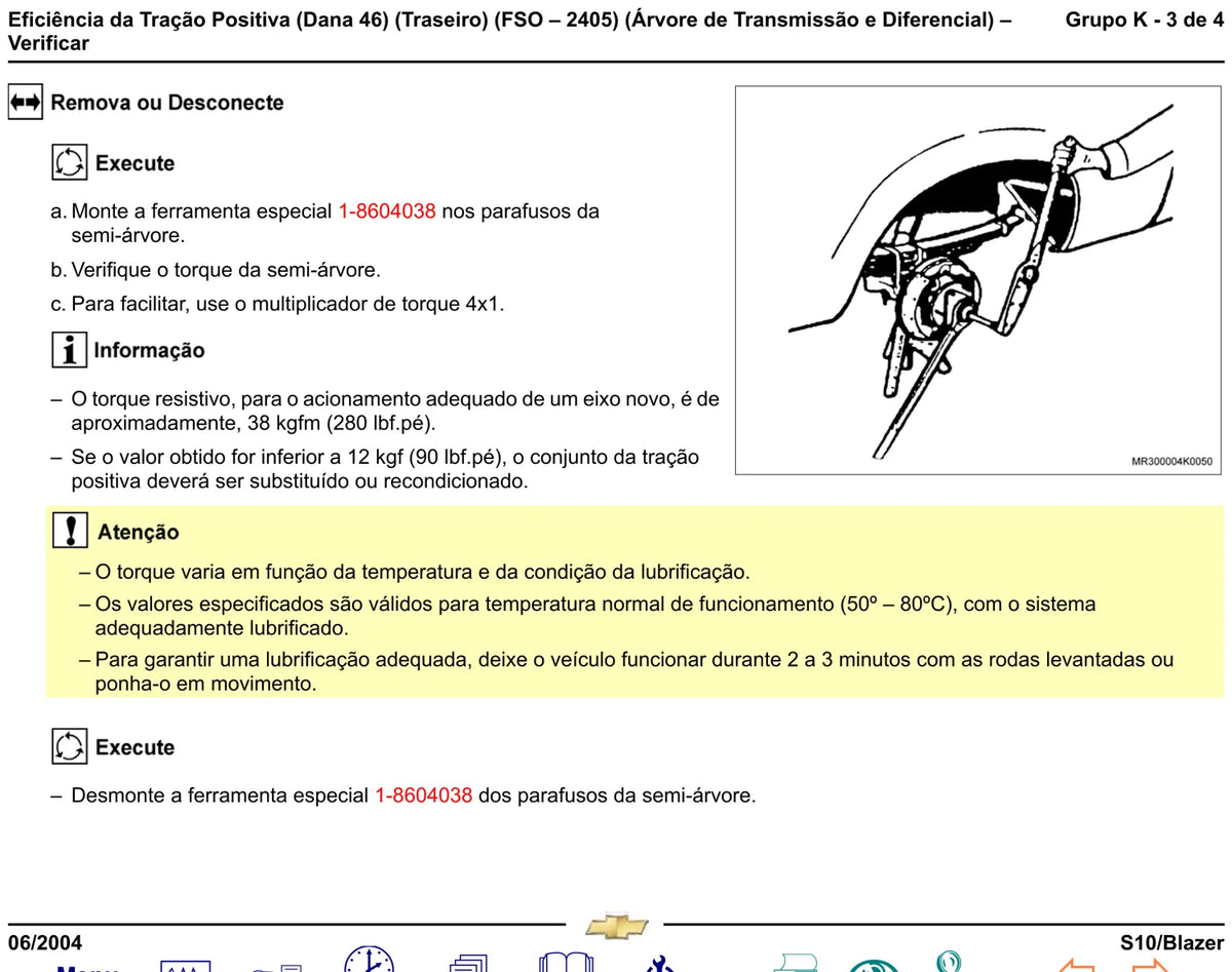 Manual de Reparação Chevrolet S10/Blazer 2004 – Grupo K: Câmbio FSO-2405, NVG-3500 e Dana 44 — página 1 do documento