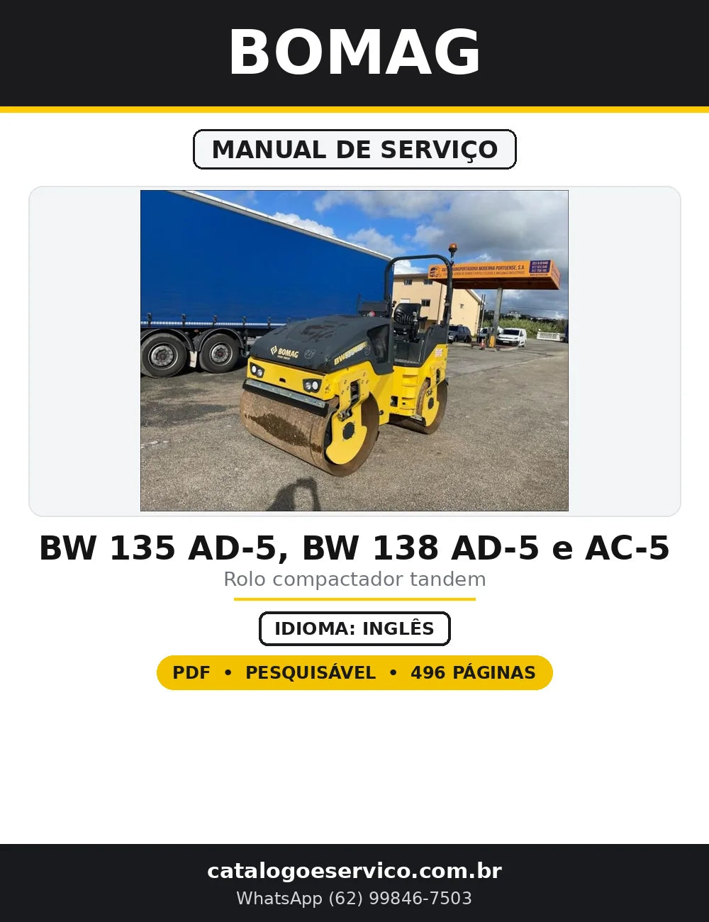 Capa do Manual de Serviço BOMAG BW 135 AD-5, BW 138 AD-5 e AC-5 em PDF com 496 páginas