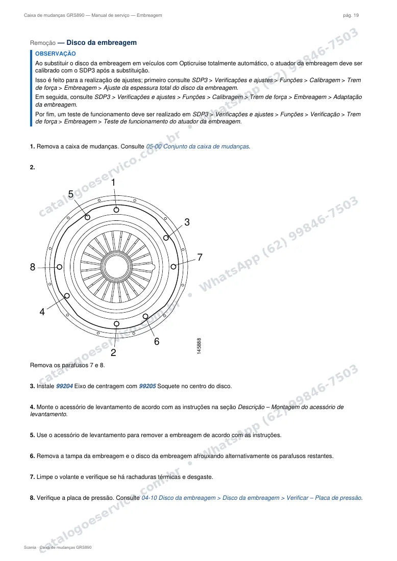 Página do manual de serviço da caixa Scania GRS890 — Embreagem