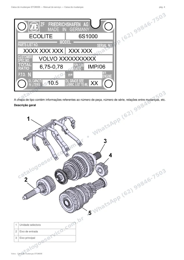 Página do manual de serviço da caixa Volvo STO8006 — Caixa de mudanças