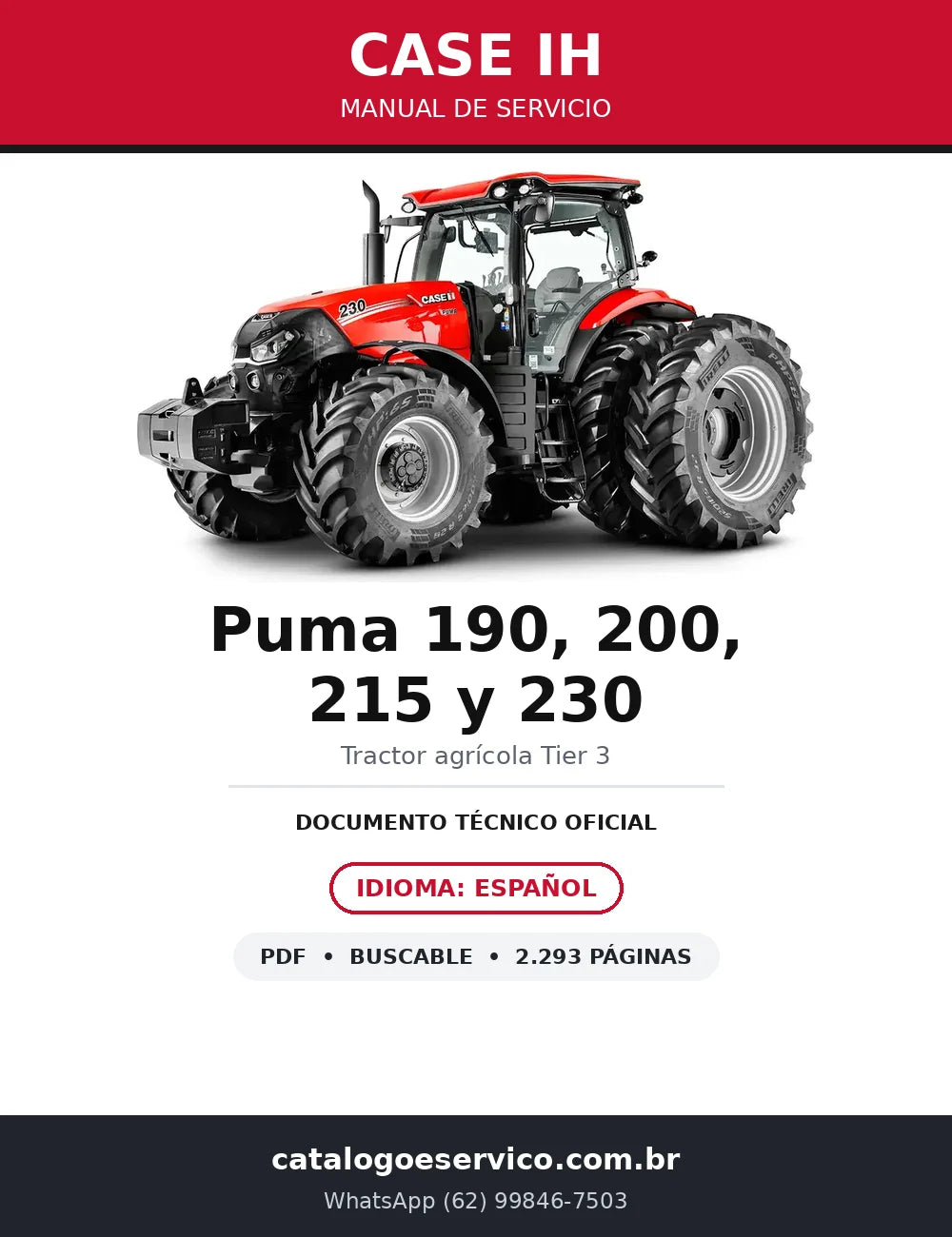 Tractor Case IH Puma 230 - portada del manual de servicio Puma 190, 200, 215 y 230 en español, 2.293 páginas