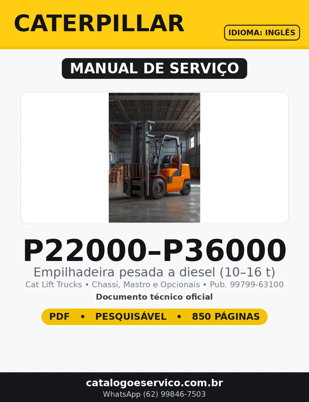 Manual de Serviço Caterpillar P22000–P36000 em PDF — capa do documento técnico (850 páginas, Inglês)