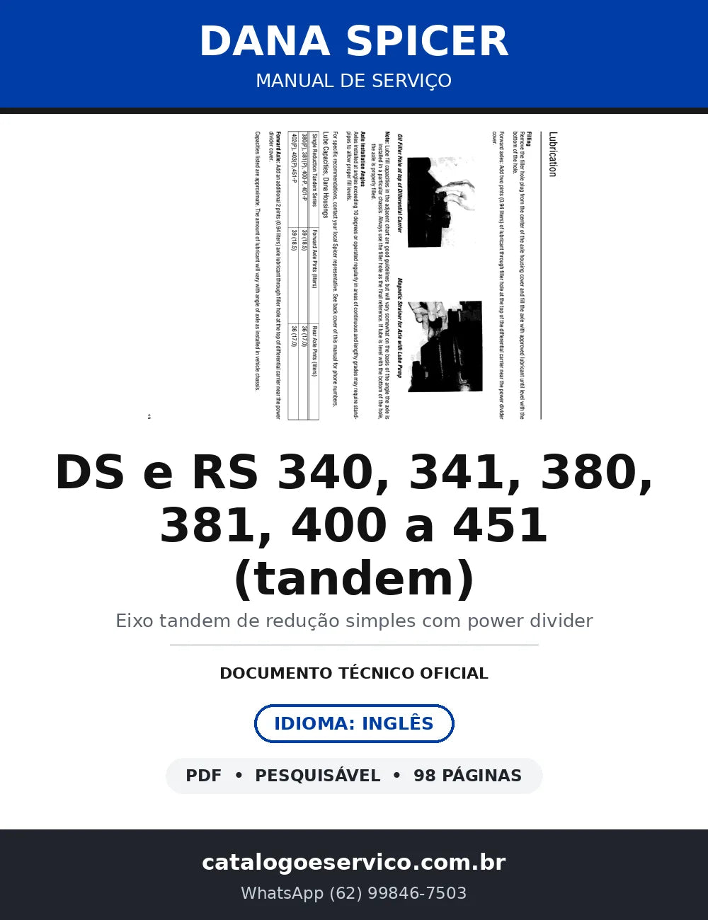 Manual de Serviço Dana Spicer Eixos Tandem DS e RS 340 a 451 — Power Divider e Bloqueio — capa