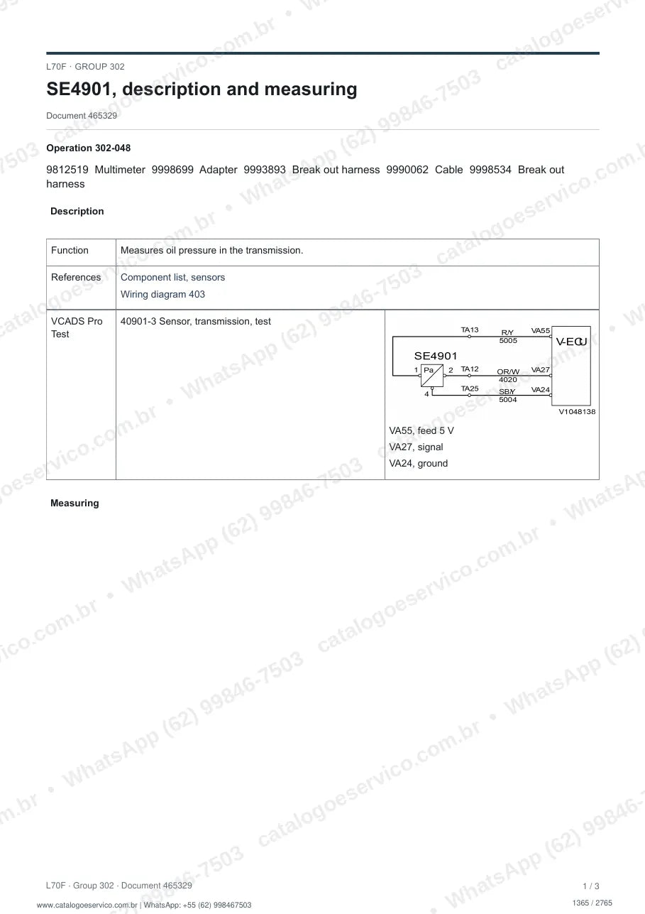 Manual de serviço Volvo L70F: página de procedimento com texto e figura