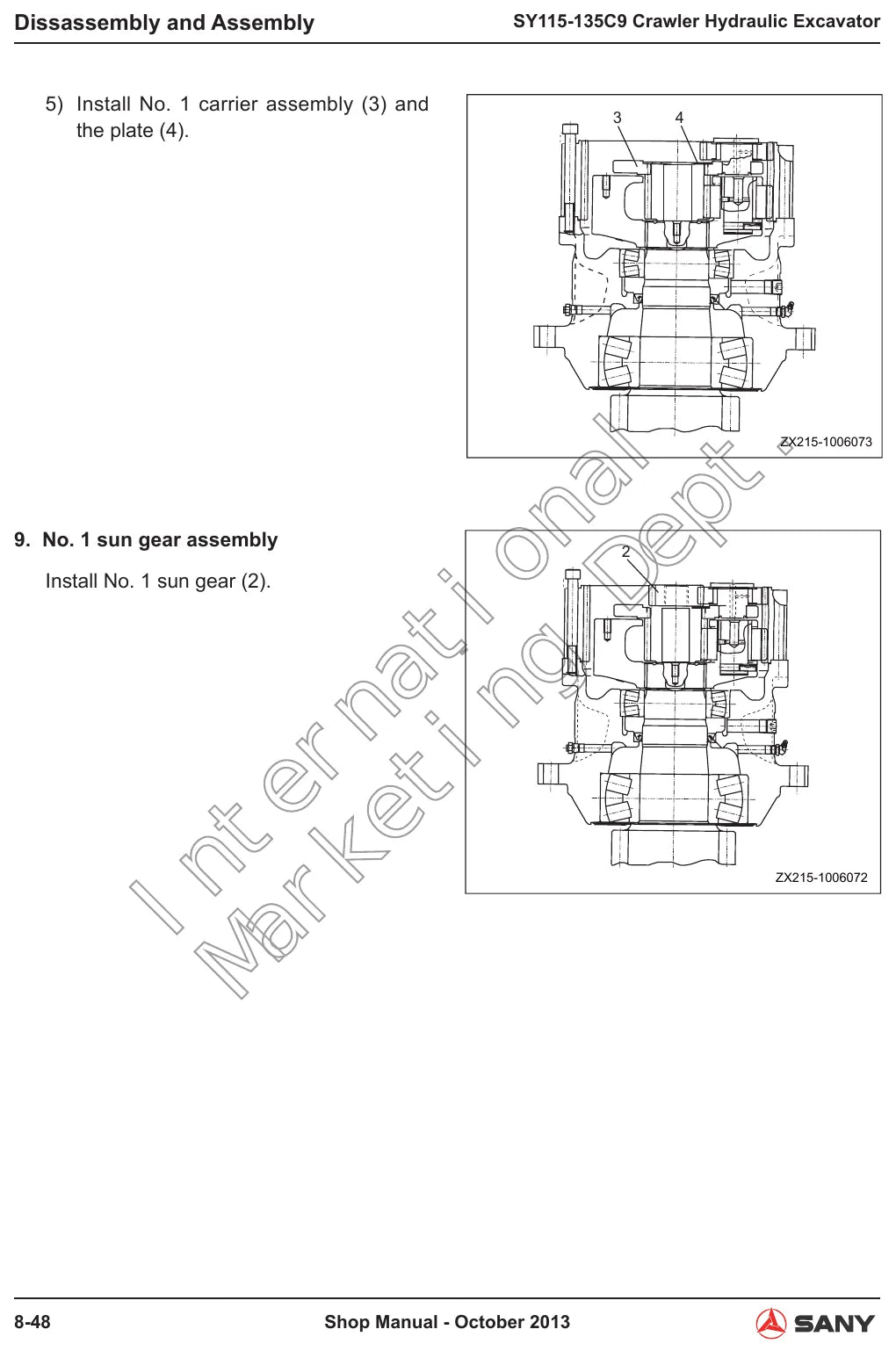 Página do Manual de Oficina Sany SY115/135C9 com detalhes de montagem e valores de ajuste