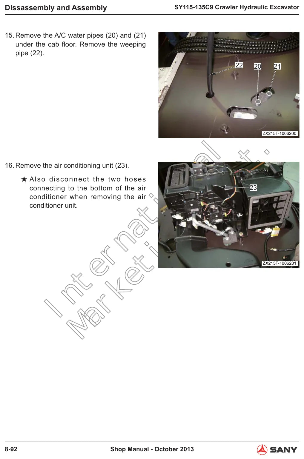 Página interna do Manual de Oficina Sany SY115/135C9 — Escavadeira hidráulica sobre esteiras Sany