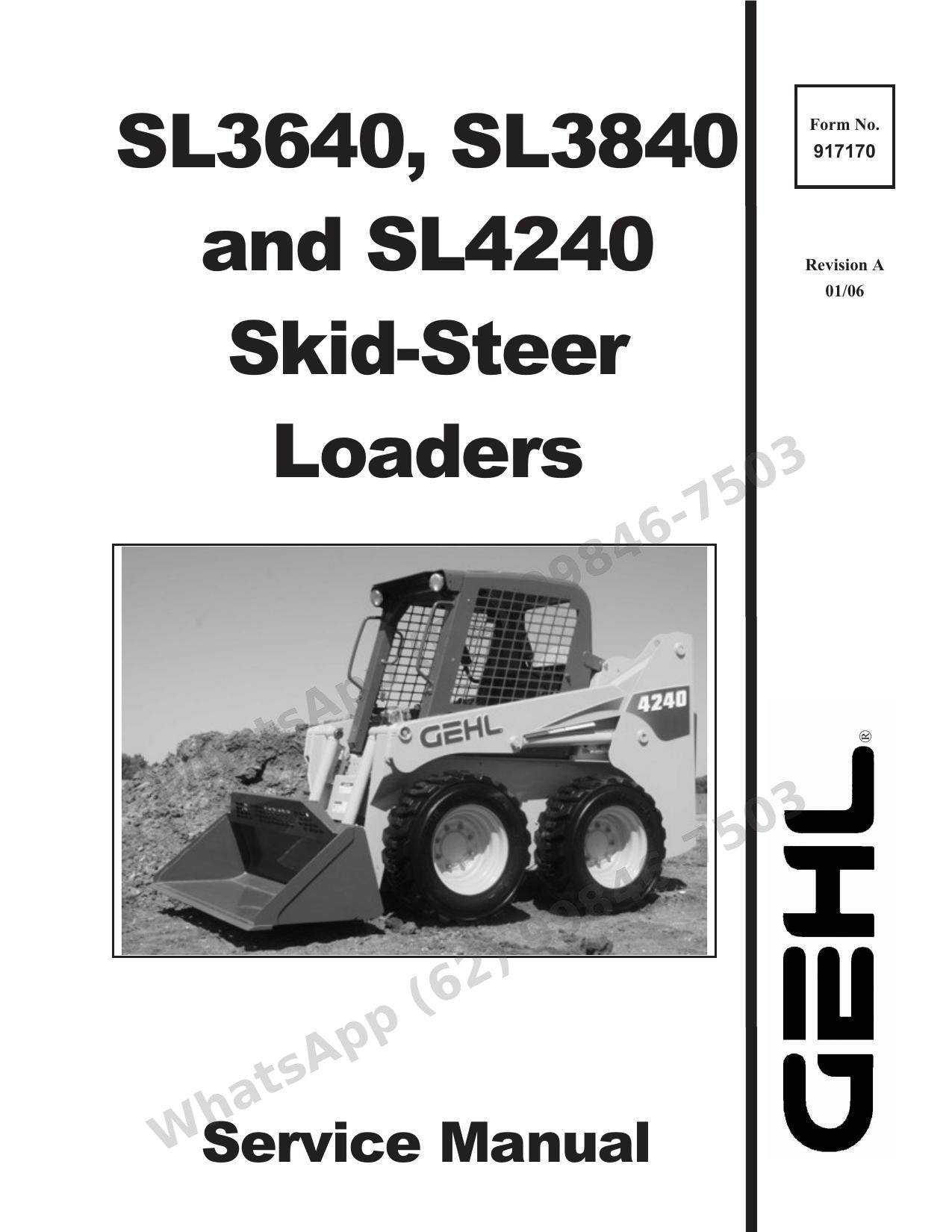 Manual de Serviço GEHL SL3640, SL3840 and SL4240 Mini Carregadeira — três modelos, um guia: testes de pressão, autonivelamento e esquemas completos