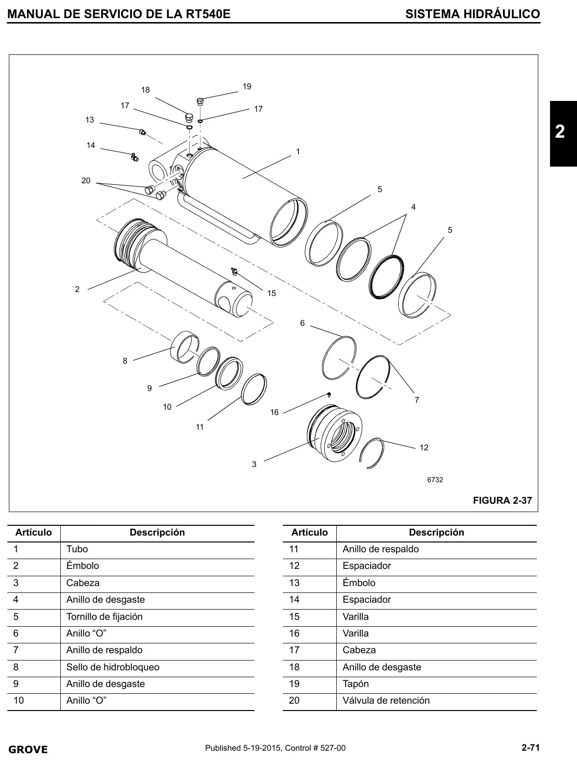 Detalhe de conjunto do Manual de Serviço Grove RT540E com as referências de fábrica
