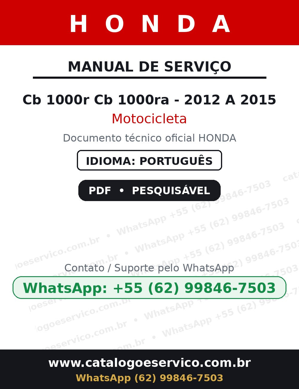 HONDA Cb 1000r Cb 1000ra - 2012 A 2015 — Manual de Serviço