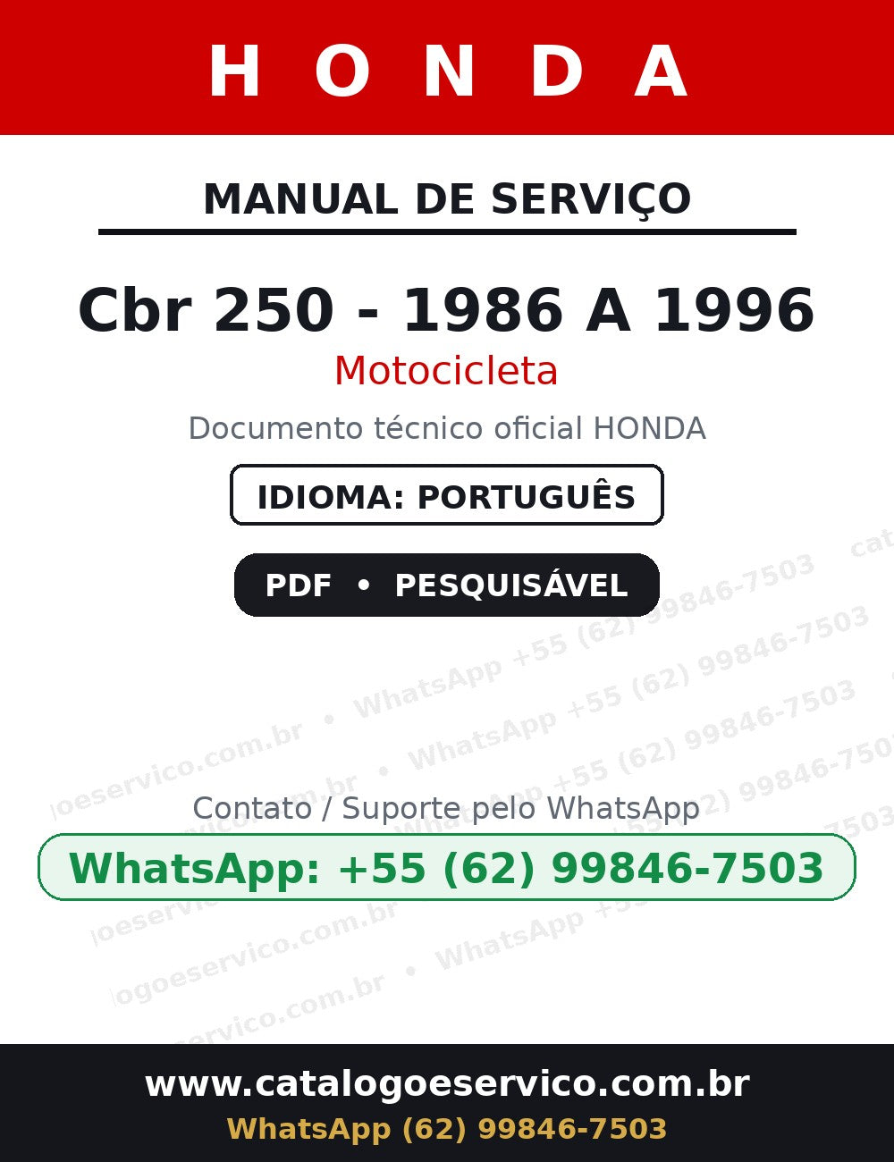 HONDA Cbr 250 - 1986 A 1996 — Manual de Serviço
