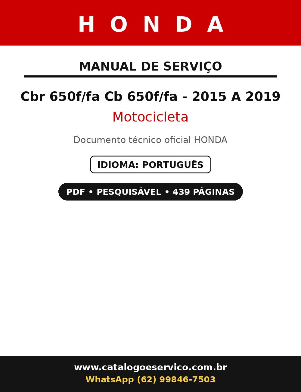 Manual De Serviço Honda Cbr 650f/fa Cb 650f/fa - 2015 A 2019