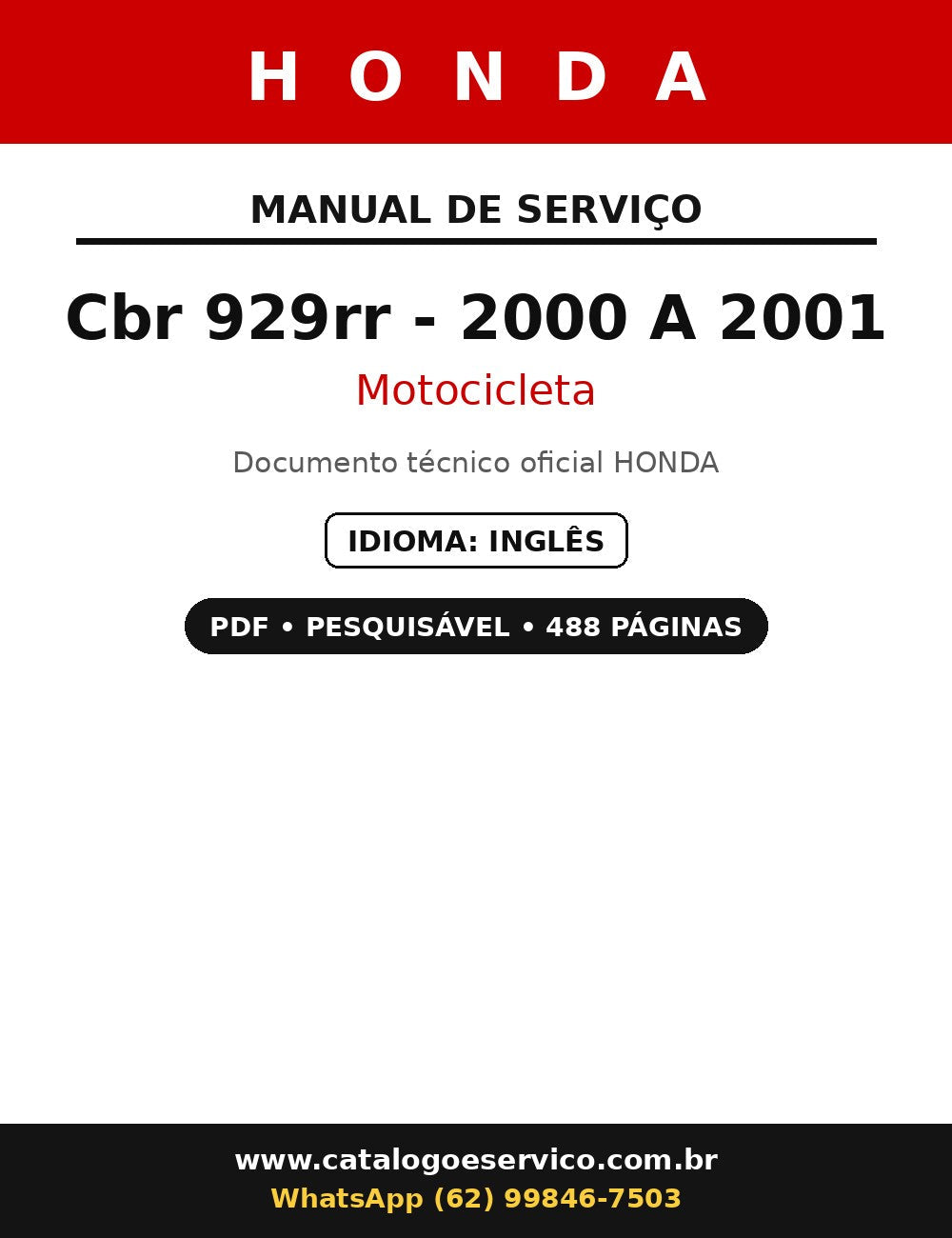 Manual De Serviço Honda Cbr 929rr - 2000 A 2001