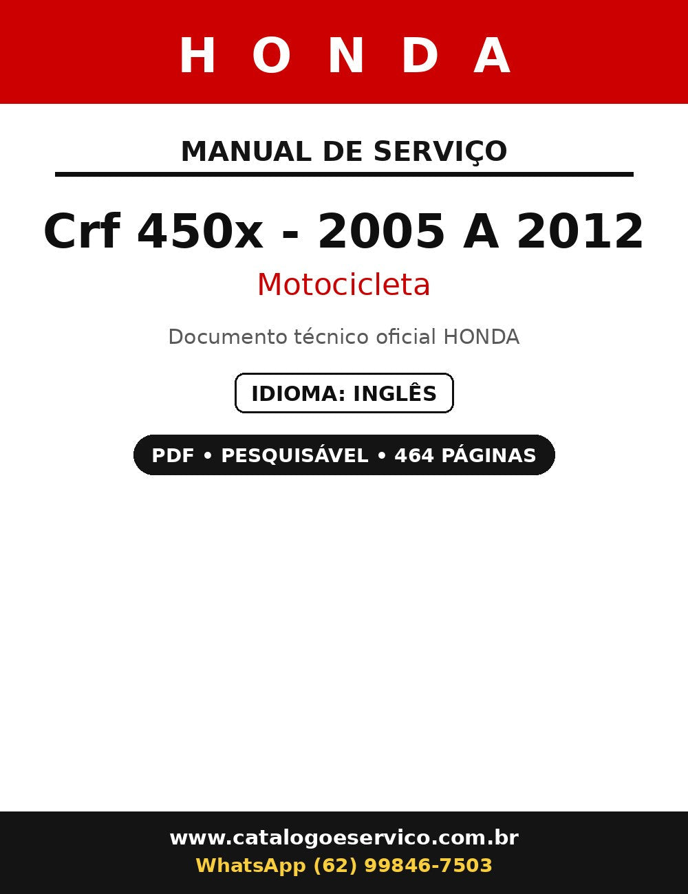 Manual De Serviço Honda Crf 450x - 2005 A 2012