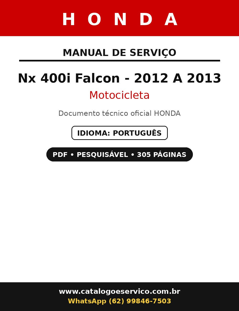 Manual De Serviço Honda Nx 400i Falcon - 2012 A 2013