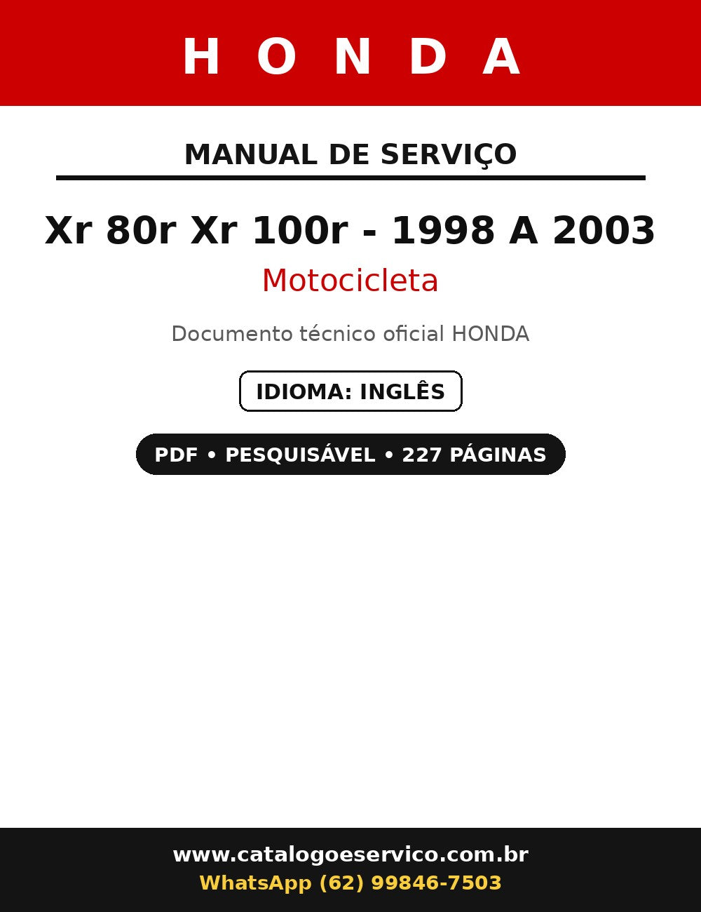 Manual De Serviço Honda Xr 80r Xr 100r - 1998 A 2003
