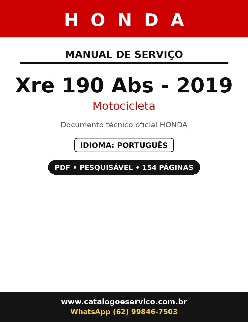Manual De Serviço Honda Xre 190 Abs - 2019