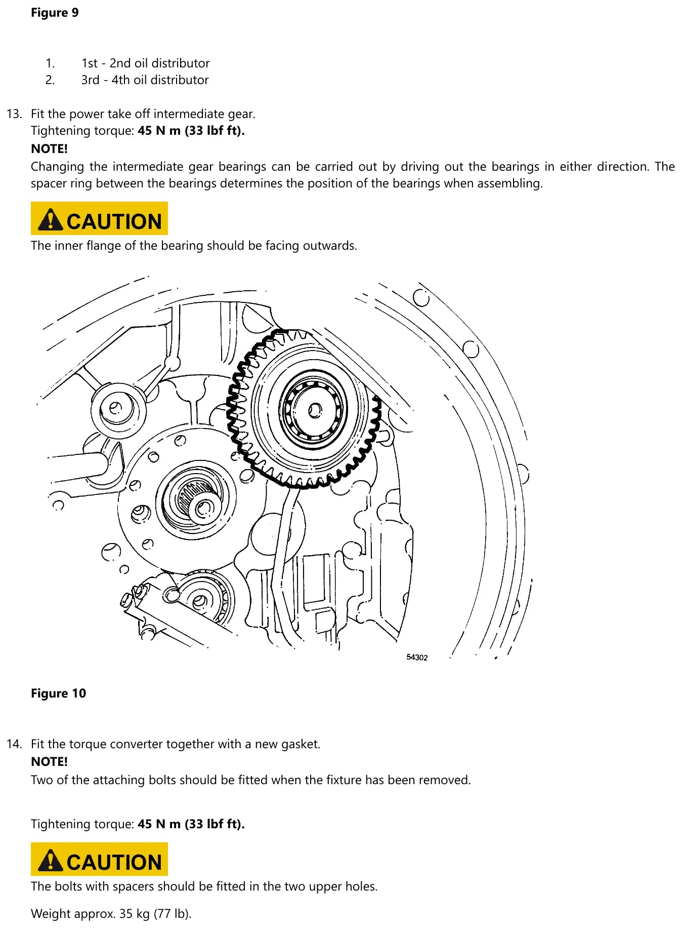 Montagem da engrenagem intermediária da tomada de força da Volvo HT 131 com aperto de 45 Nm, ao lado dos distribuidores de óleo de 1ª–2ª e de 3ª–4ª identificados