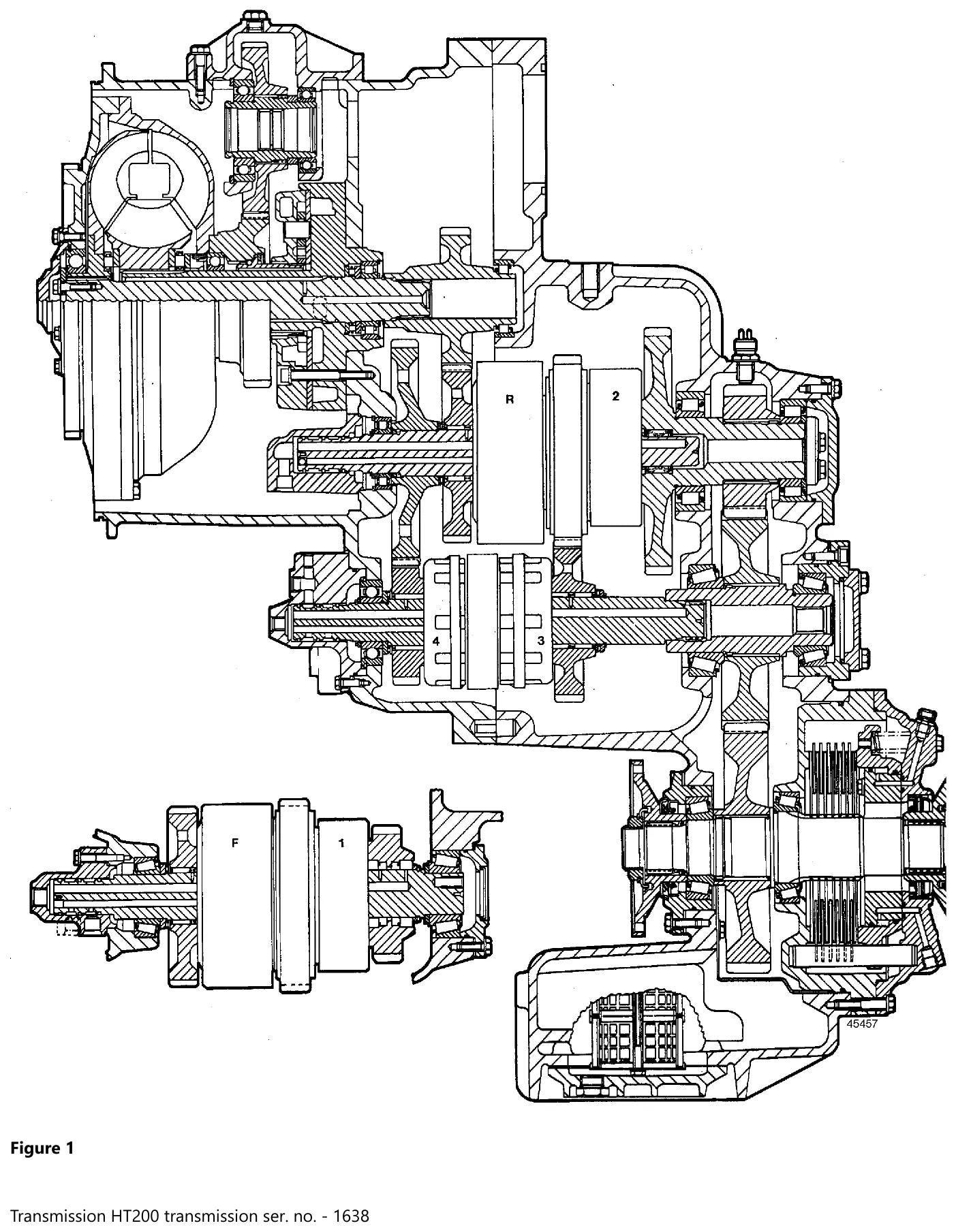 Corte completo da transmissão Volvo HT200 até o número de série 1638, com os pacotes de embreagem F, R, 1, 2, 3 e 4, o conversor de torque e o dropbox com freio de estacionamento