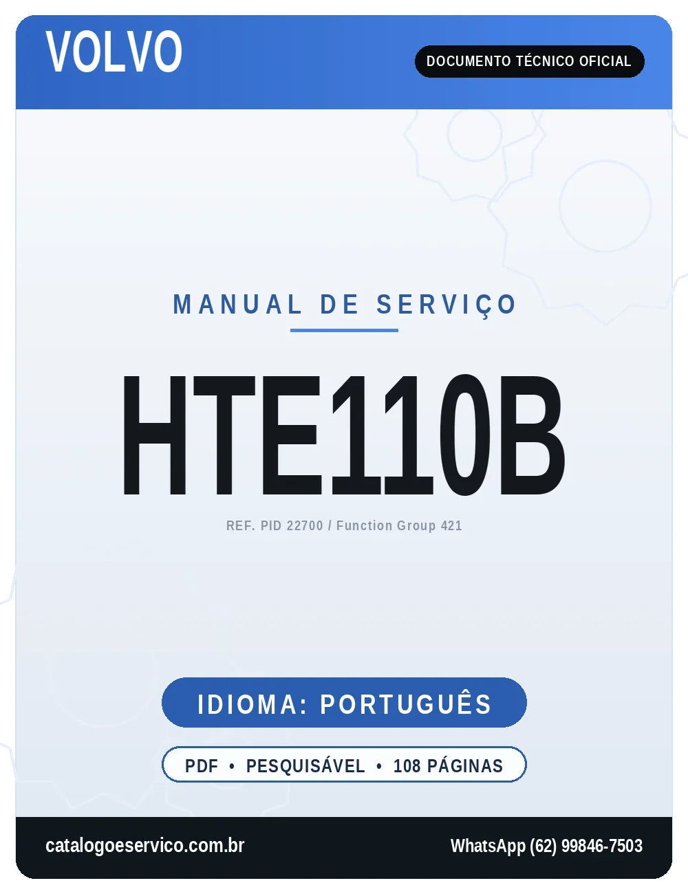 Capa do Manual de Serviço Volvo HTE110B PID 22700 — transmissão hidráulica eletrônica, 108 páginas em português