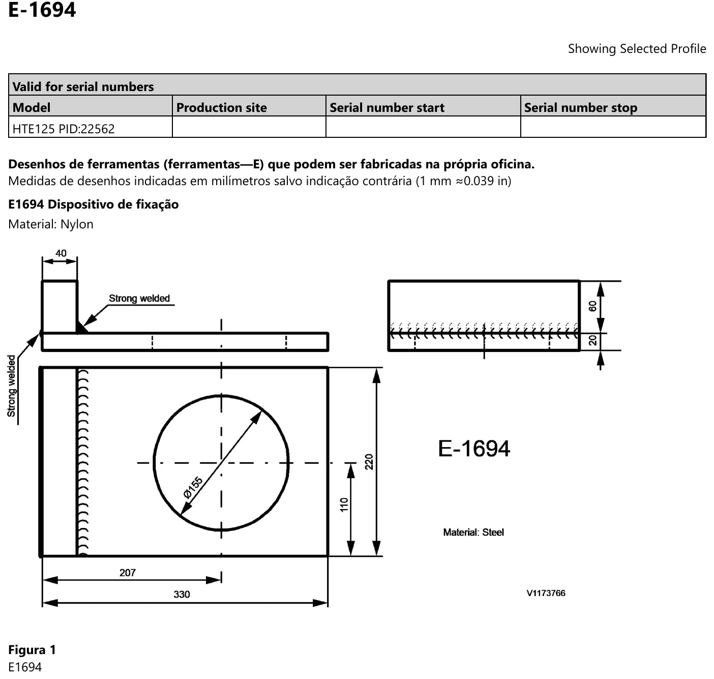 Desenho cotado do dispositivo de fixação E1694 em nylon para a Volvo HTE125 PID 22562, com chapa de 330 por 220 mm, furo de 155 mm de diâmetro e apoio de 40 mm