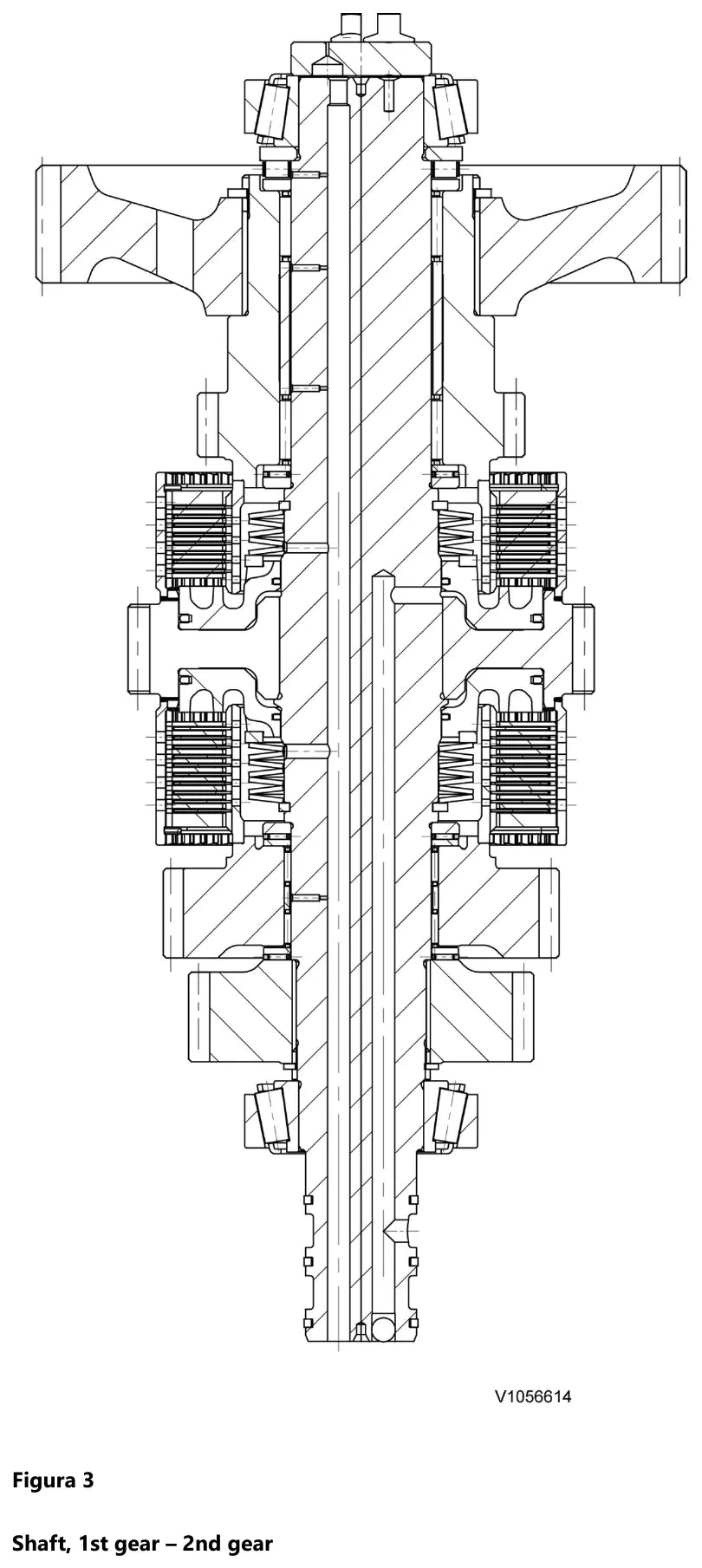 Corte longitudinal do eixo de 1ª e 2ª marcha da transmissão Volvo HTE125, com os dois pacotes de discos, as molas de retorno e os rolamentos cônicos das pontas