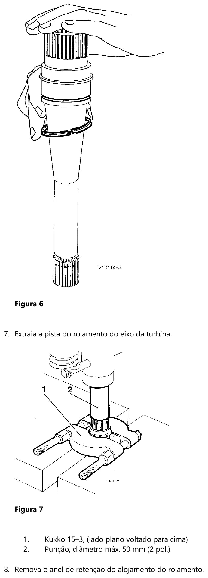 Retirada do anel de vedação do eixo da turbina da Volvo HTE125B e extração da pista do rolamento com o Kukko 15–3 e punção de 50 mm de diâmetro máximo