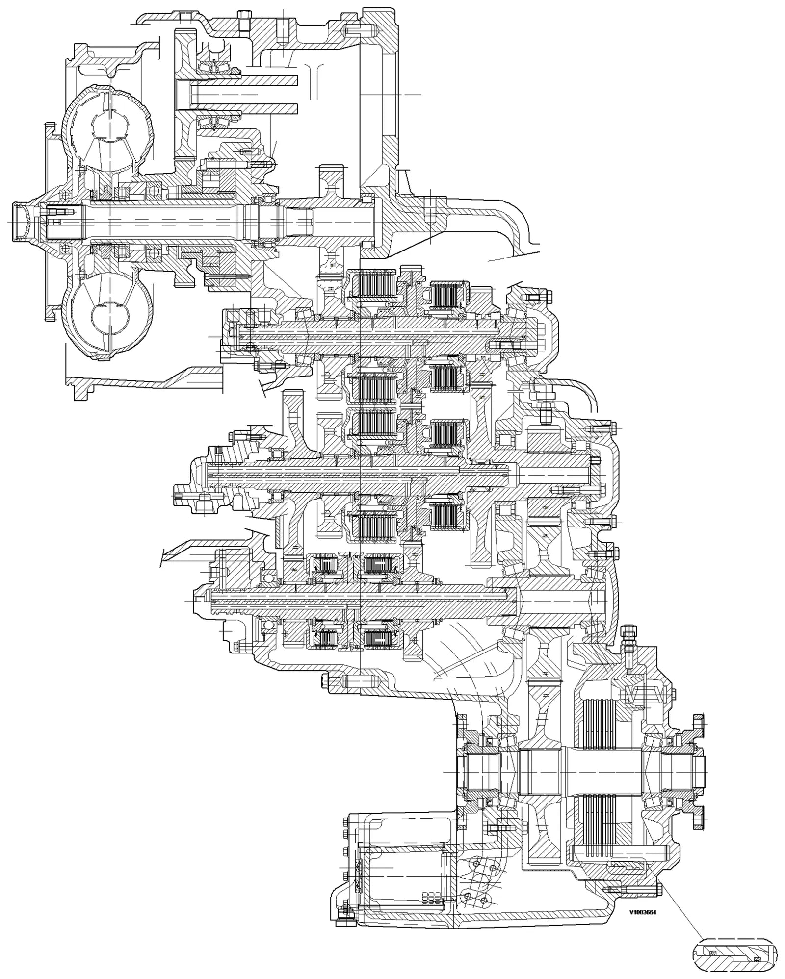 Corte longitudinal completo da transmissão Volvo HTE210 mostrando conversor de torque, os três eixos de embreagem com seus pacotes de discos e o eixo de saída