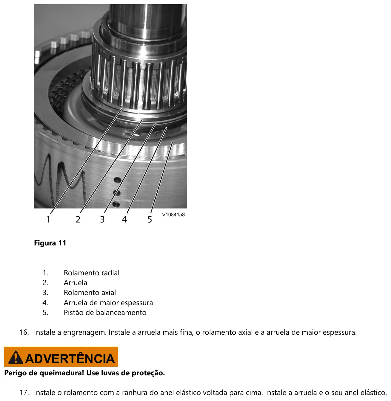 Detalhe numerado do rolamento radial, arruela, rolamento axial, arruela de maior espessura e pistão de balanceamento no eixo de embreagem da Volvo HTL206B