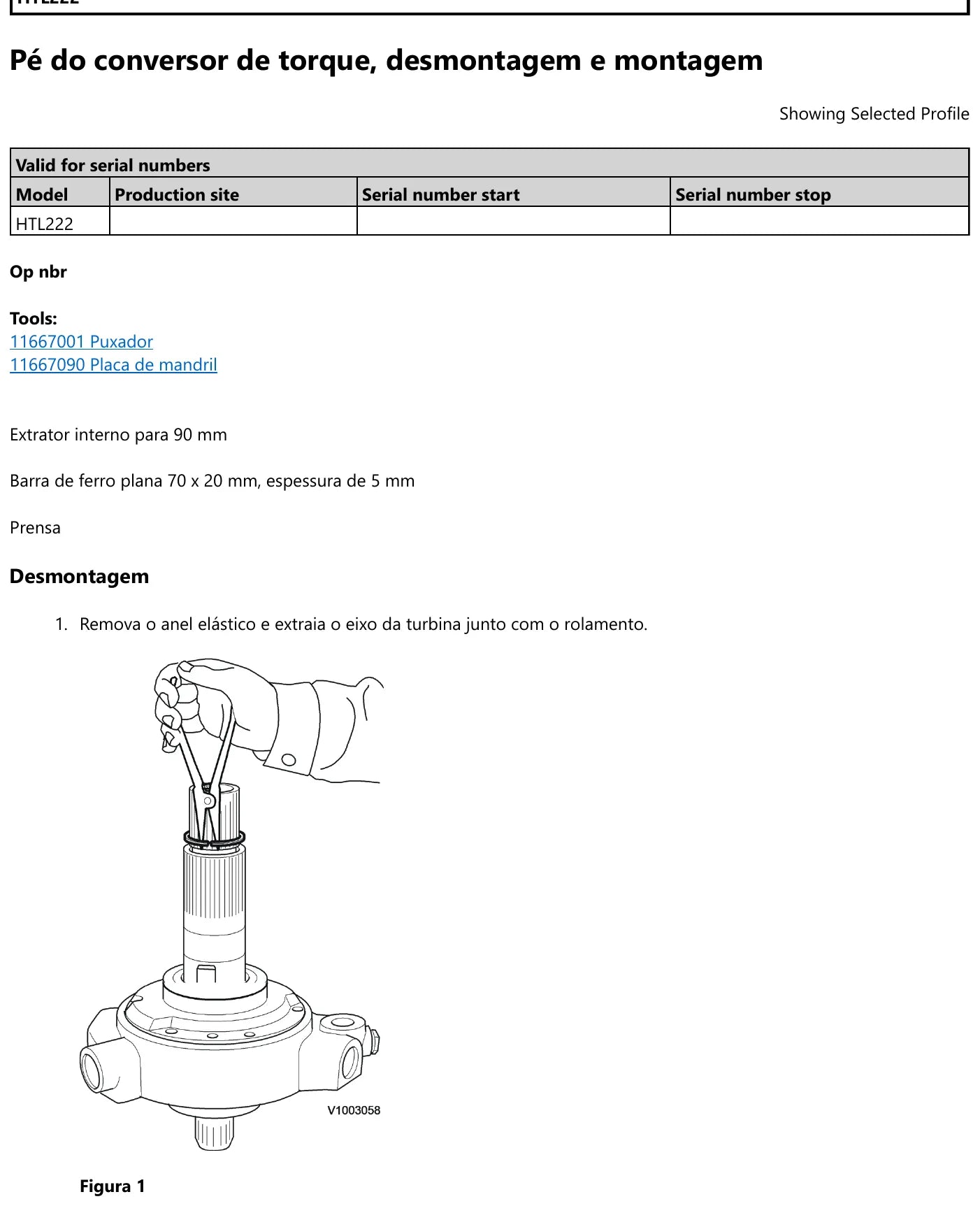 Abertura do pé do conversor de torque da Volvo HTL222: retirada do anel elástico com alicate e extração do eixo da turbina junto com o rolamento, com a lista das ferramentas 11667001 e 11667090