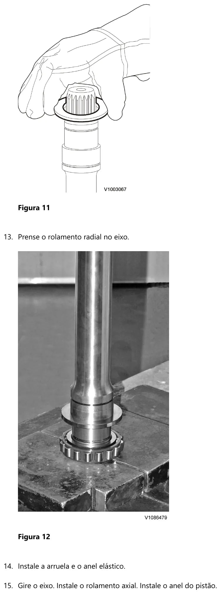 Prensagem do rolamento radial no eixo da Volvo HTL306 e instalação da arruela, do anel elástico, do rolamento axial e do anel do pistão