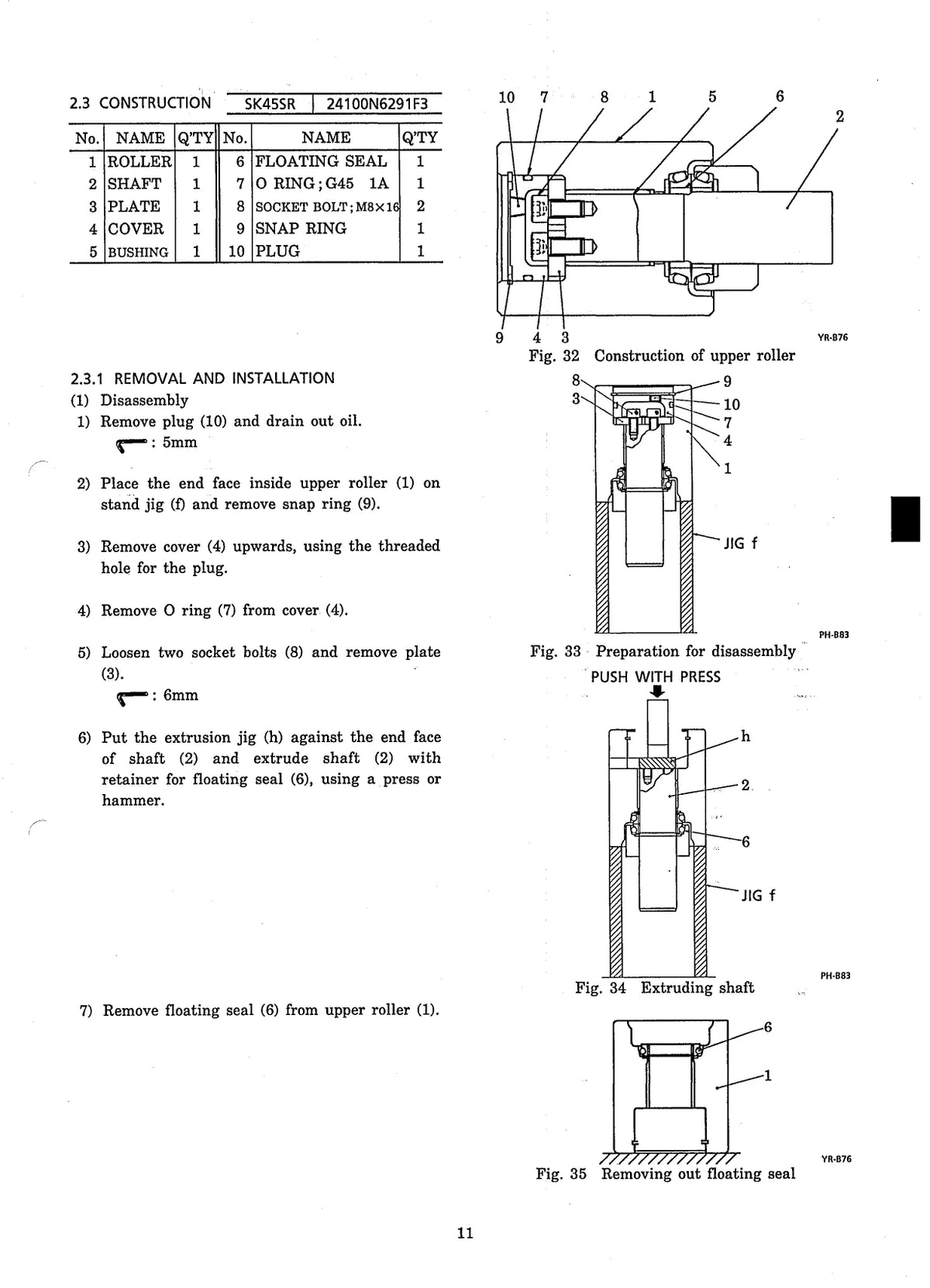 Página do Manual de Serviço Kobelco SK40SR/SK45SR com detalhes de montagem e valores de ajuste