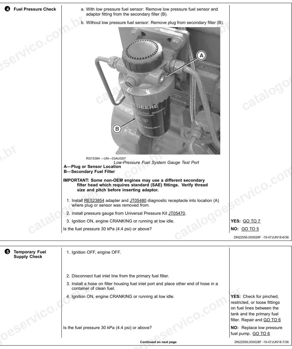 Ponto de teste de pressão de combustível de baixa pressão no filtro secundário do motor 4045-6068