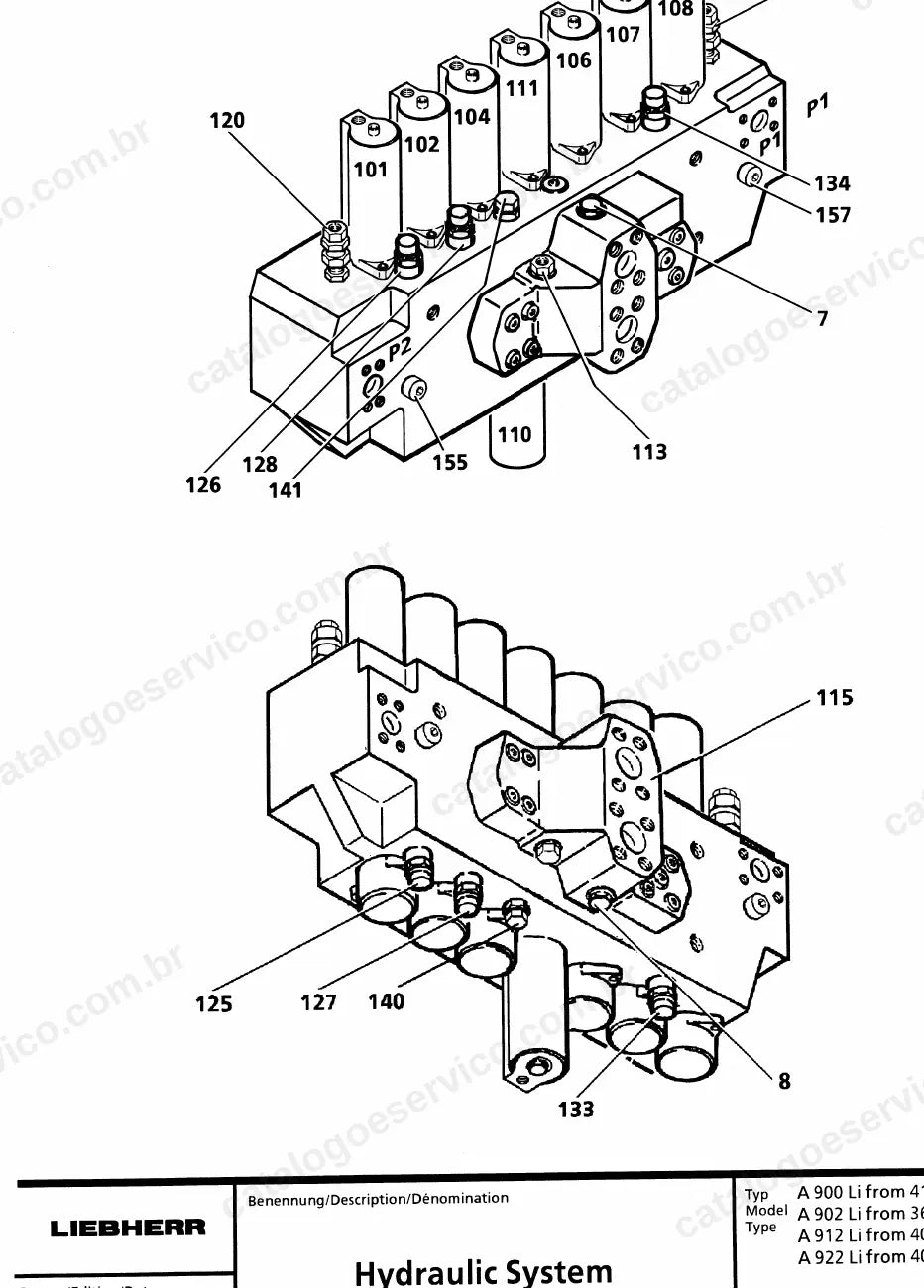 Desenho do bloco de comando do sistema hidráulico das A900 a A922 Litronic