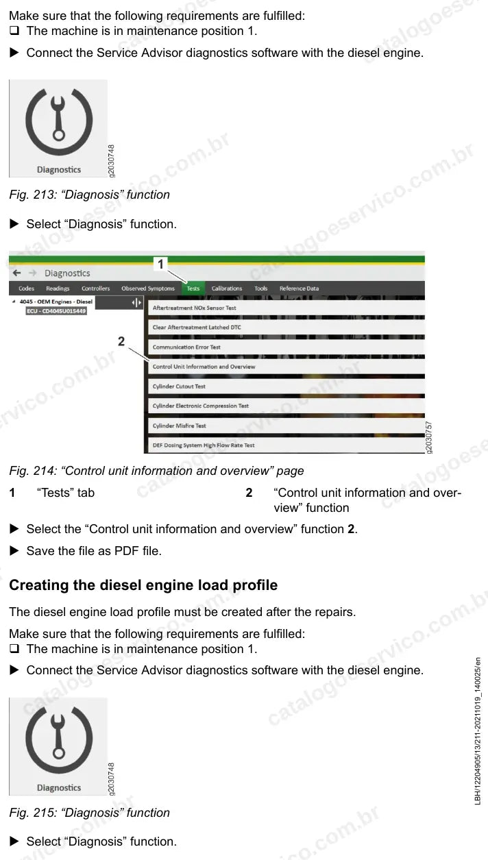Função de diagnóstico do motor no software Service Advisor da L518-1664