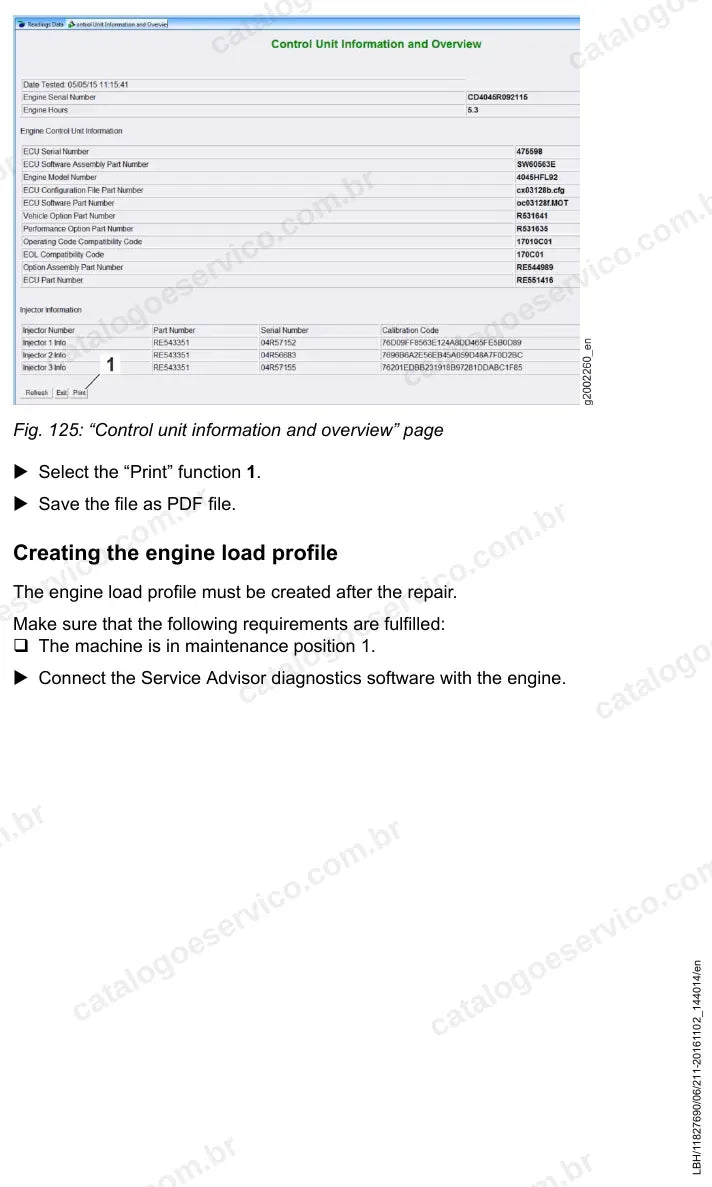Tela de informações da unidade de controle do motor da L524-1585