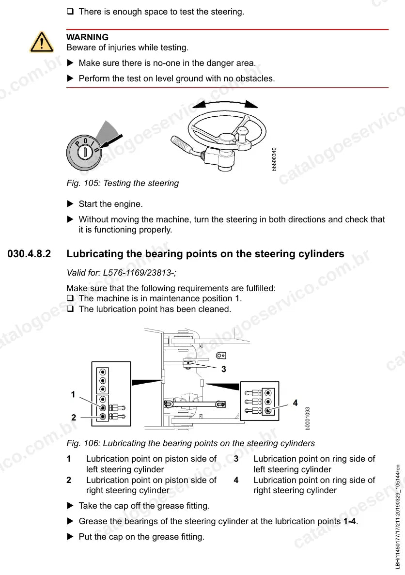 Teste da direção e lubrificação dos mancais dos cilindros de direção da L576-1169