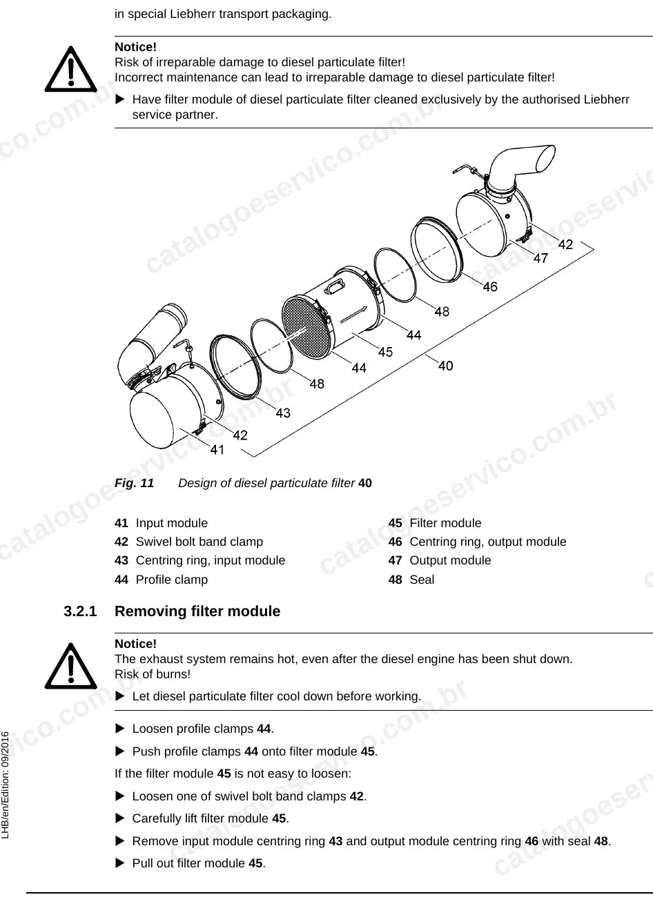 Manutenção do filtro de partículas diesel Liebherr do LH60
