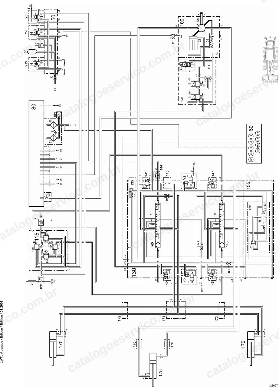 Ilustração do funcionamento da hidráulica de trabalho das LR 624 e LR 634